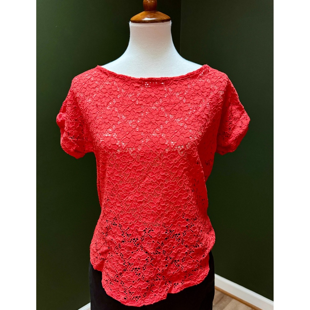 Laundry‎ by Shelli Segal Red Lace Short Sleeve Top Women's S